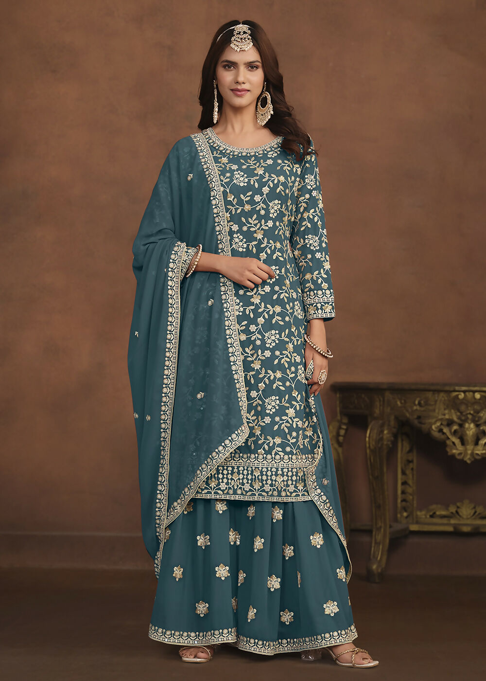 Faux Georgette Teal Blue Embroidered Festive Salwar Suit - Emponline | Grocsy