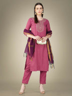 Jyoti Fashion Women's Wine Cotton Magic Slub Embroidery & Sequence work Kurta with Trouser & Dupatta | Grocsy