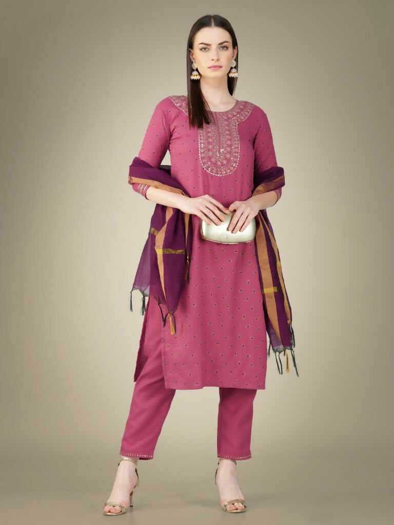 Jyoti Fashion Women's Wine Cotton Magic Slub Embroidery & Sequence work Kurta with Trouser & Dupatta | Grocsy