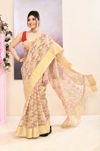 Piyari Fashion Women's Beige Embellished Cotton Blend Printed Saree | Grocsy