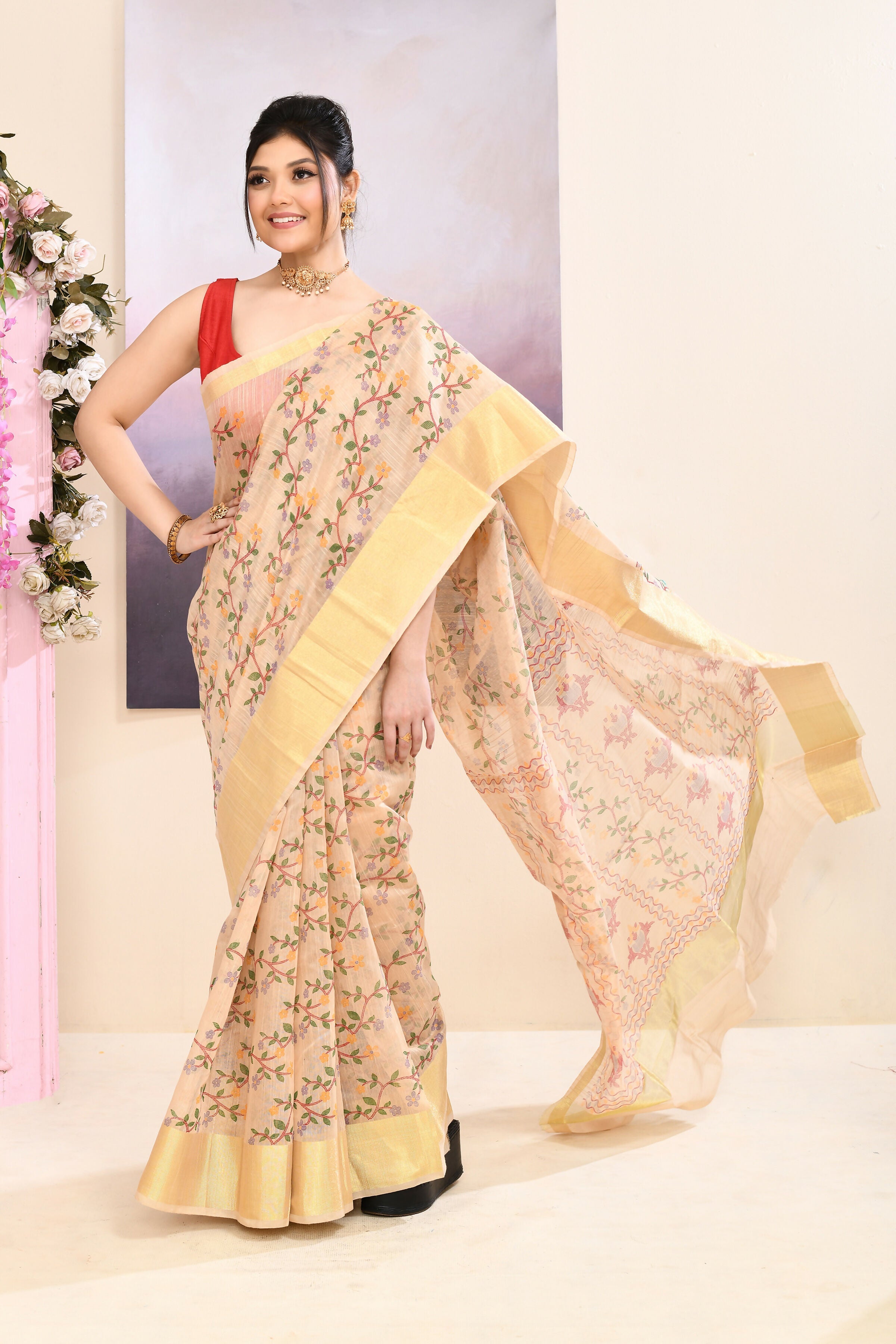Piyari Fashion Women's Beige Embellished Cotton Blend Printed Saree | Grocsy