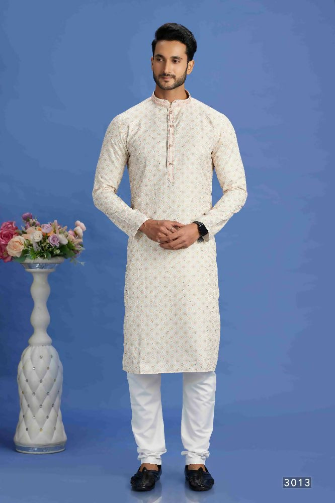Raivat Ethnic Cotton Embroidery Kurta Pajama In Beige and Yellow Colour | Grocsy