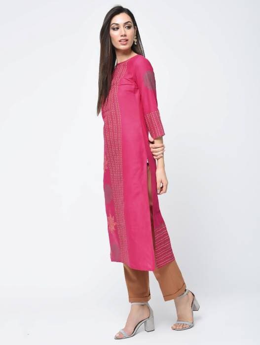 Aniyah Cotton Block Printed Straight Kurta Magenta Color (AN-127K) | Grocsy