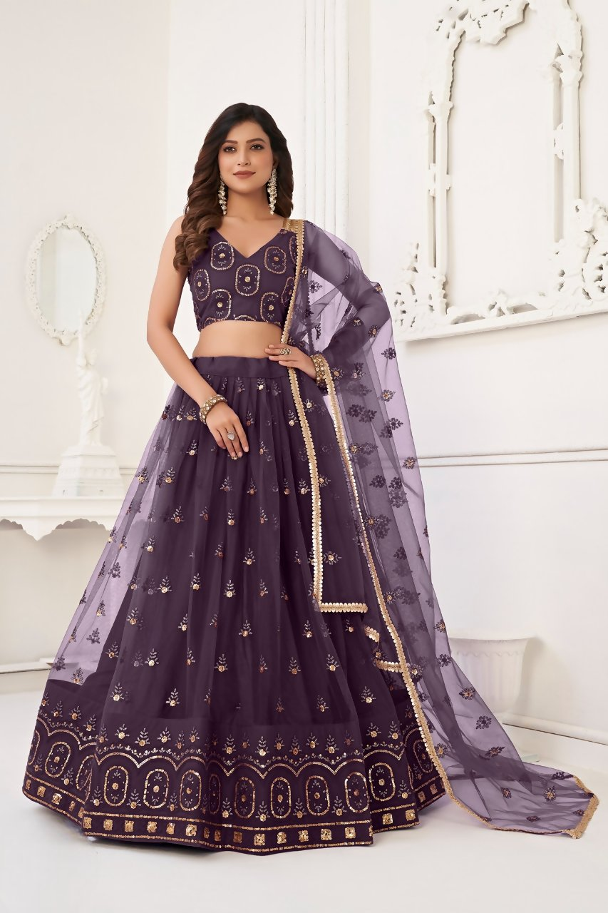 Eilara Women'S Dusty Wine Butterfly Net With Tone Thread Work And Sandwich Embroidered Work Lehenga Choli For Wedding | Grocsy