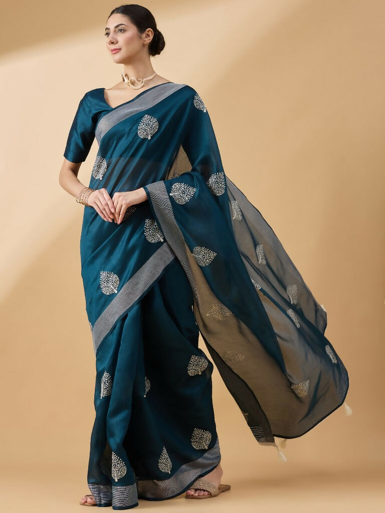 Teal Cotton Blend Thread Embroidered Saree with Unstitched Blouse - Satya | Grocsy