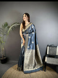Joban Fashion Grey Floral Jacquard Woven Design Cotton Silk Banarasi Silk Saree | Grocsy