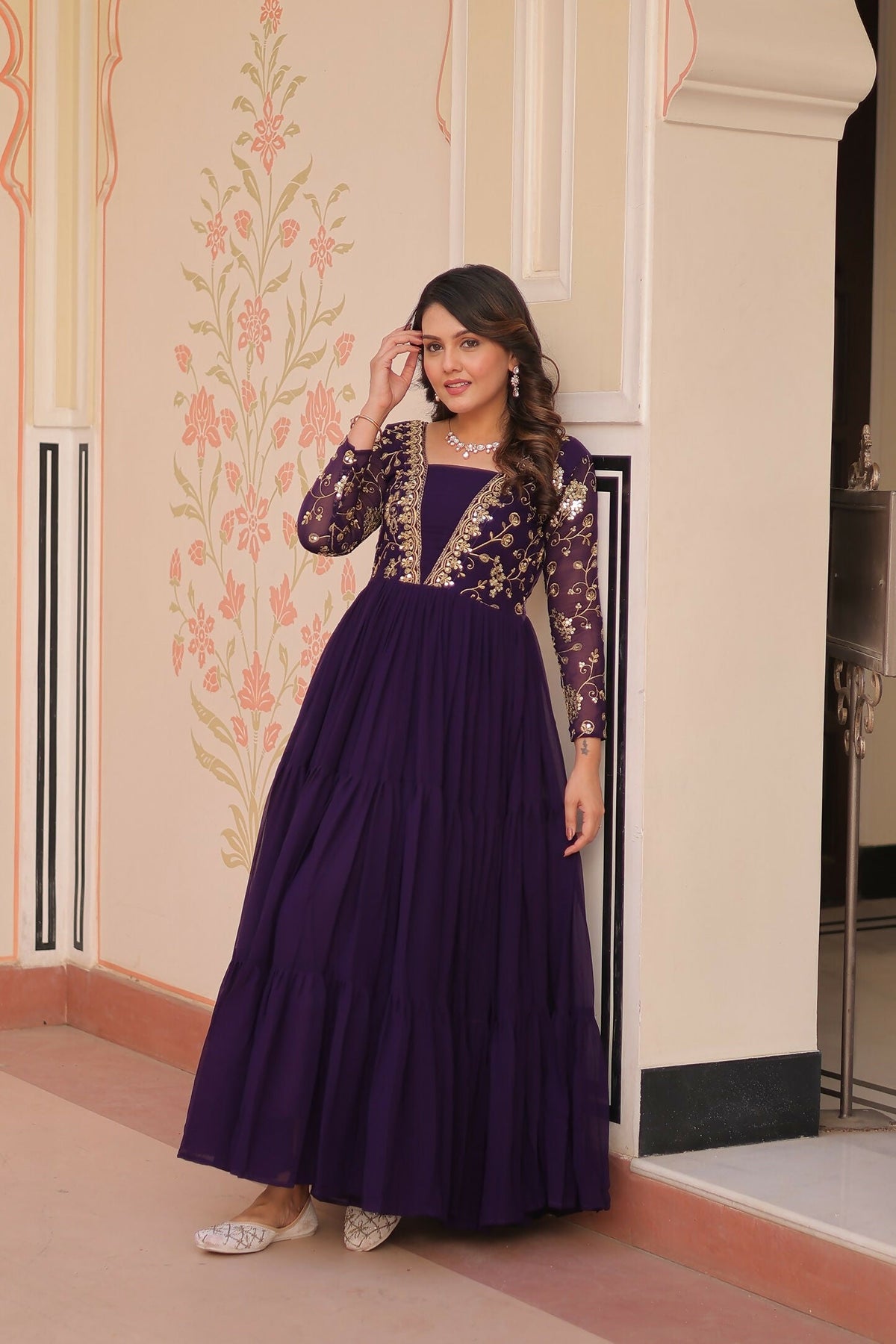 Joban Fashion Purple Georgette Sequence Embroidery Work Dress | Grocsy