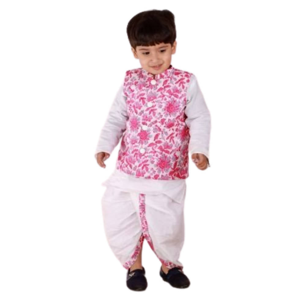 Little Bansi Boys Pink and White Color Bengali Kantha work floral Jacket with Kurta and Dhoti | Grocsy