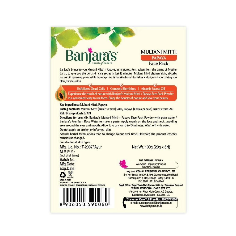 Banjara's Multani Mitti + Papaya Face Pack Powder | Grocsy
