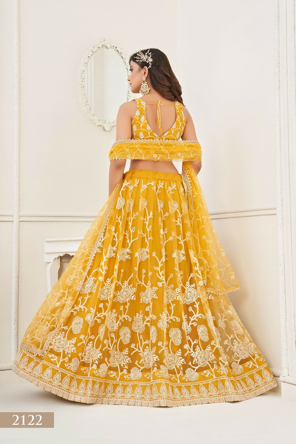 Eilara Women'S Mustard Butterfly Net With Sequins And Embroidery Work Lehenga Choli For Wedding | Grocsy