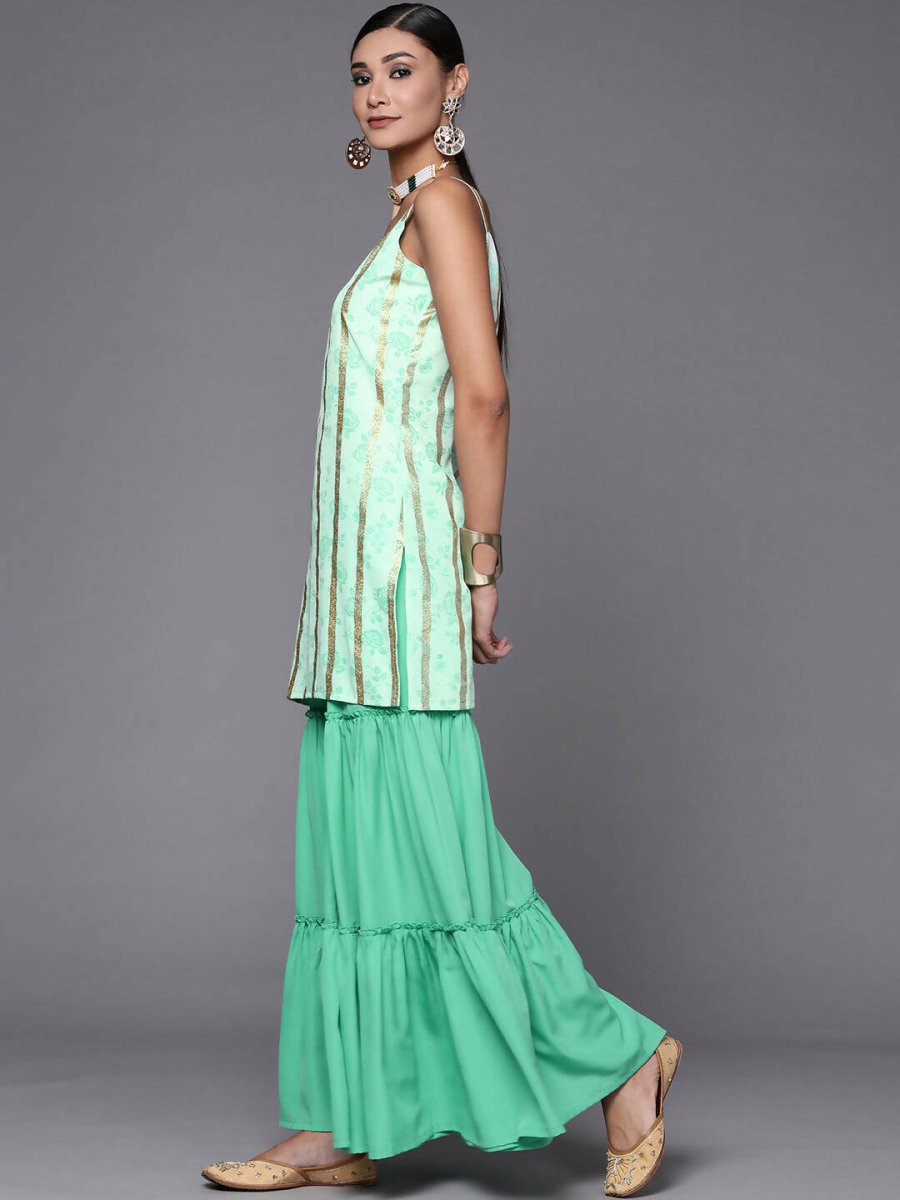 Ahalyaa Blue & Gold Floral Printed & Striped Straight Kurti with Sharara | Grocsy