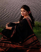 DEIANA'S Beautiful Designer Golden zari Soft Lichi Silk Saree - Black | Grocsy