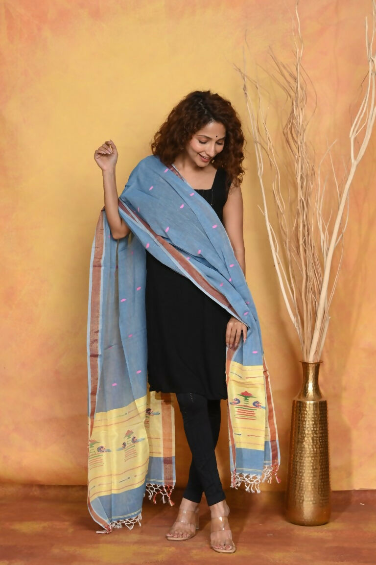 Very Much Indian Handloom Pure Cotton Paithani Dupatta - Powder Blue | Grocsy