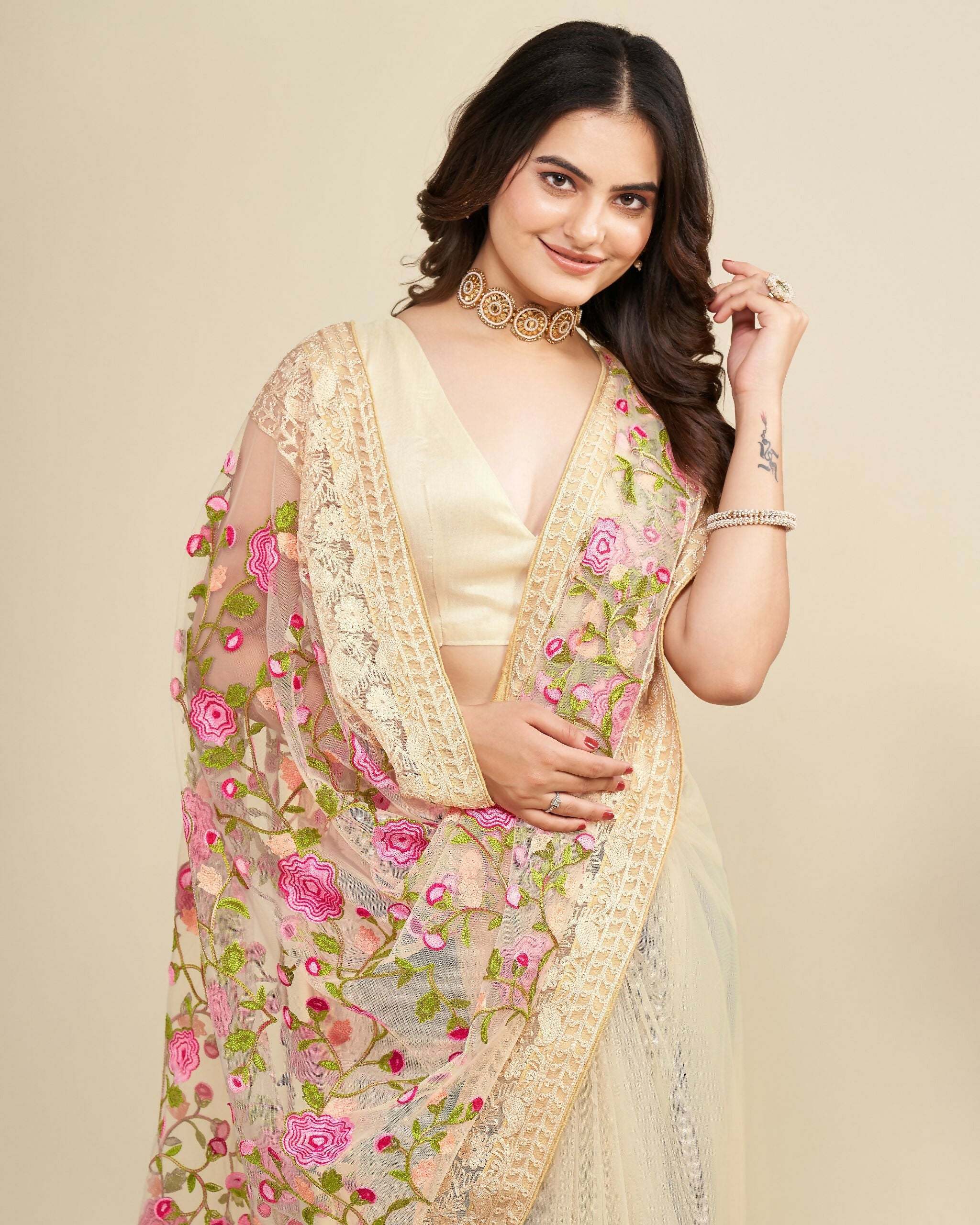 Teeya Creation Womens Latest Stylish Party Wear Soft Net Saree-Cream | Grocsy