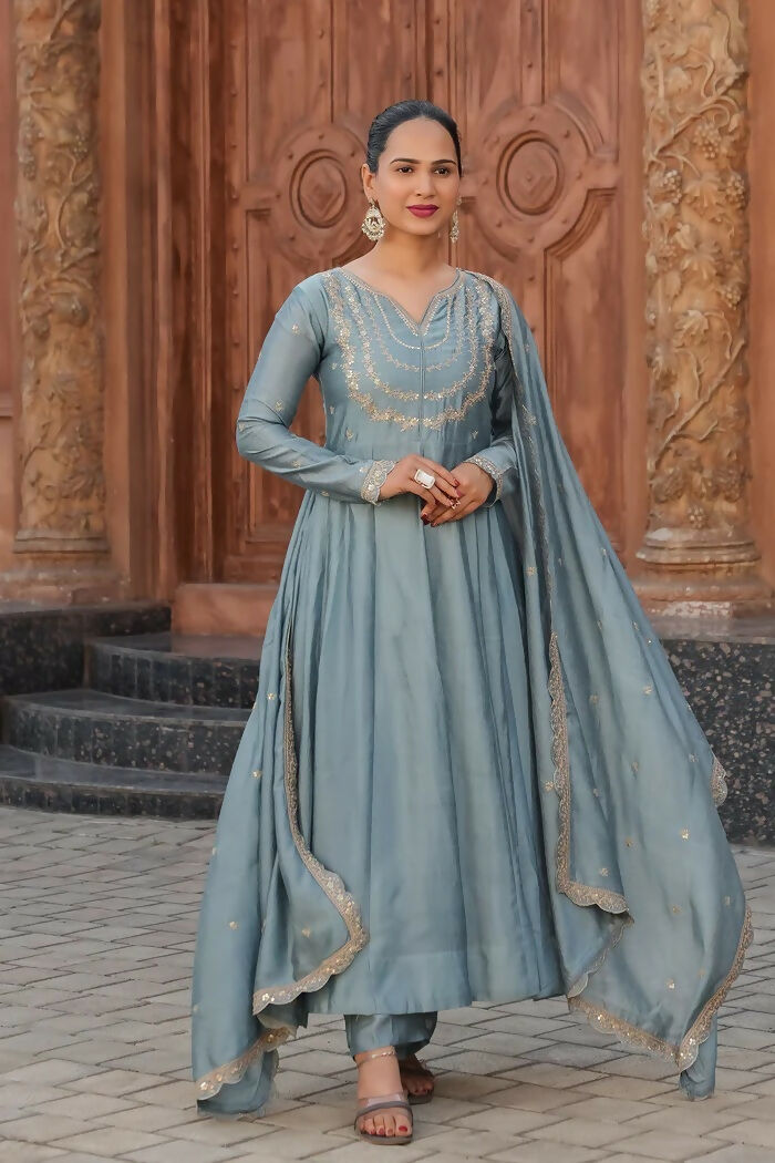 The52 Teal Blue Women's Gorgeous Vichitra Silk Fabric Embroidered Work Flared Anarkali Pant and Dupatta Set | Grocsy