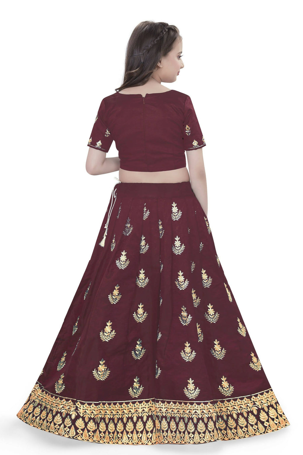 Dwiden Maroon Kamal Tafetta Sattin Semi-Stitched Girl's Lehenga Choli | Grocsy