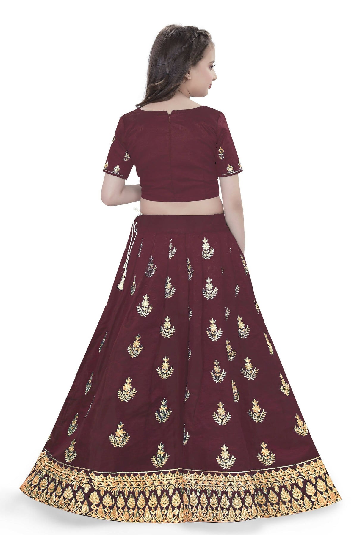 Dwiden Maroon Kamal Tafetta Sattin Semi-Stitched Girl's Lehenga Choli | Grocsy