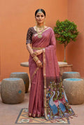 Vastranavya Mauve Muga Cotton Meenakari & Azarakh Pallu Saree with Contrast Blouse | Grocsy