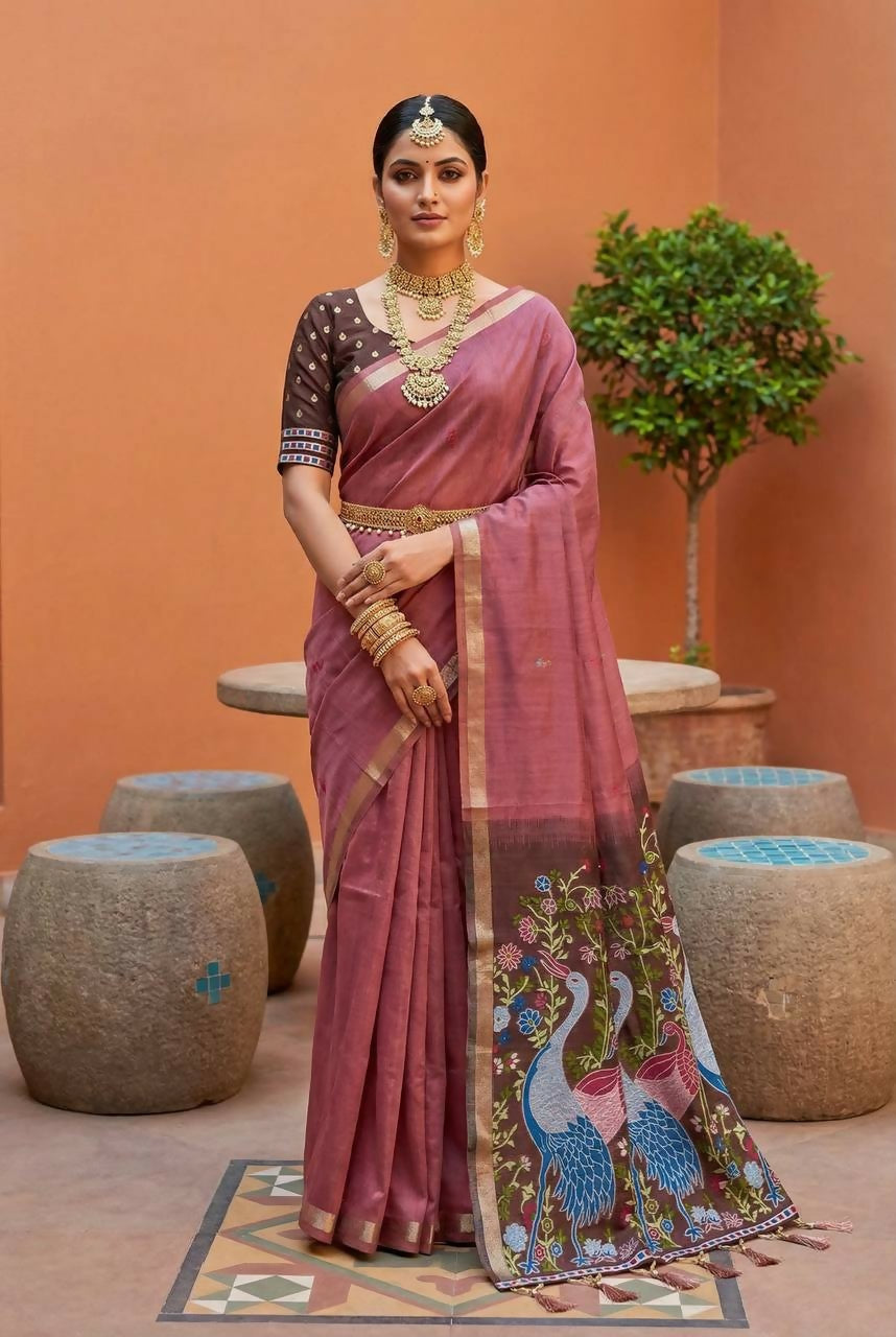 Vastranavya Mauve Muga Cotton Meenakari & Azarakh Pallu Saree with Contrast Blouse | Grocsy
