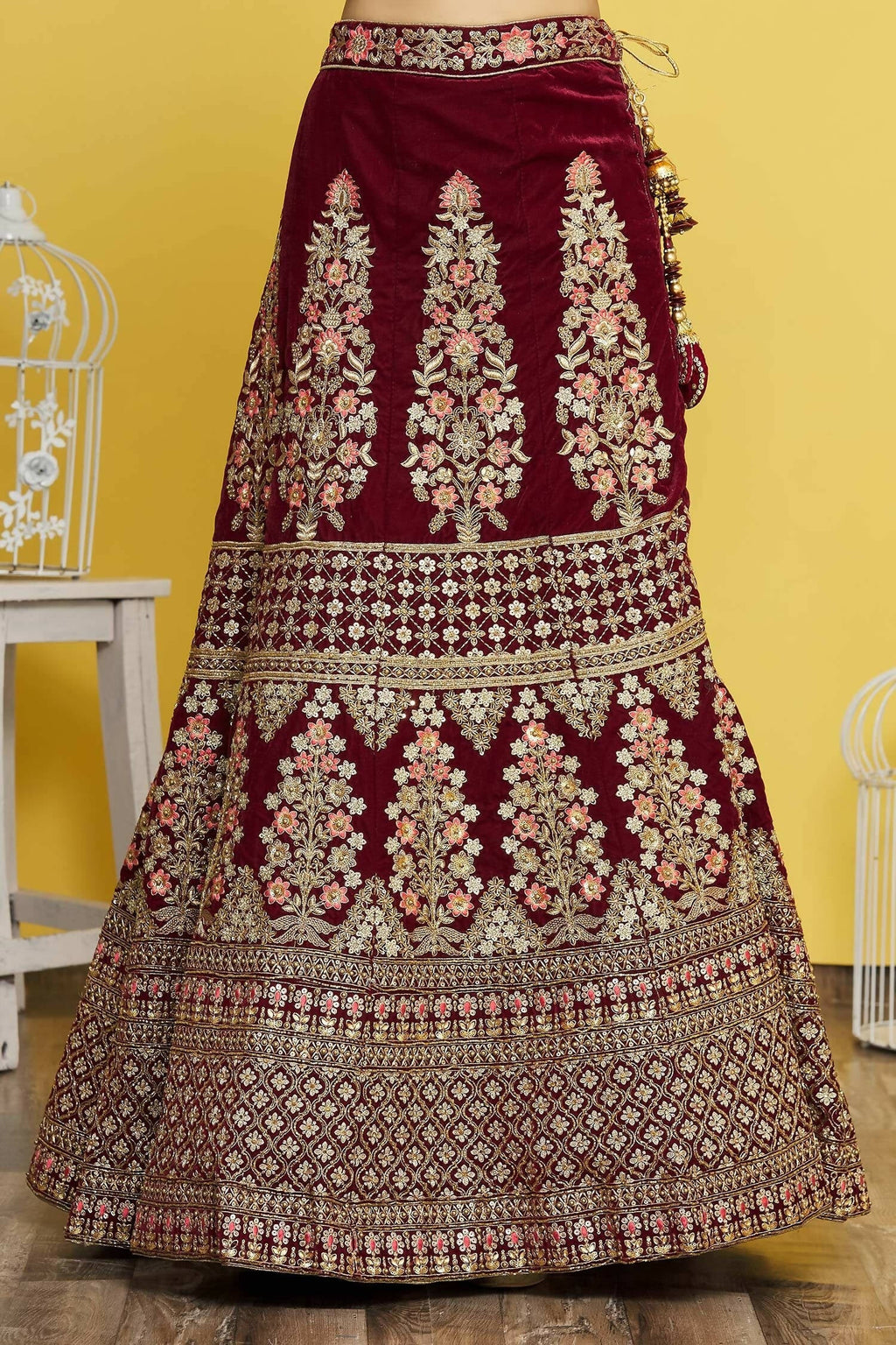 Maroon Velvet Semi-Stitched Wedding Bridal Lehenga - Nimaya | Grocsy