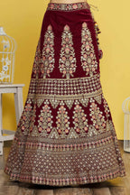 Maroon Velvet Semi-Stitched Wedding Bridal Lehenga - Nimaya | Grocsy