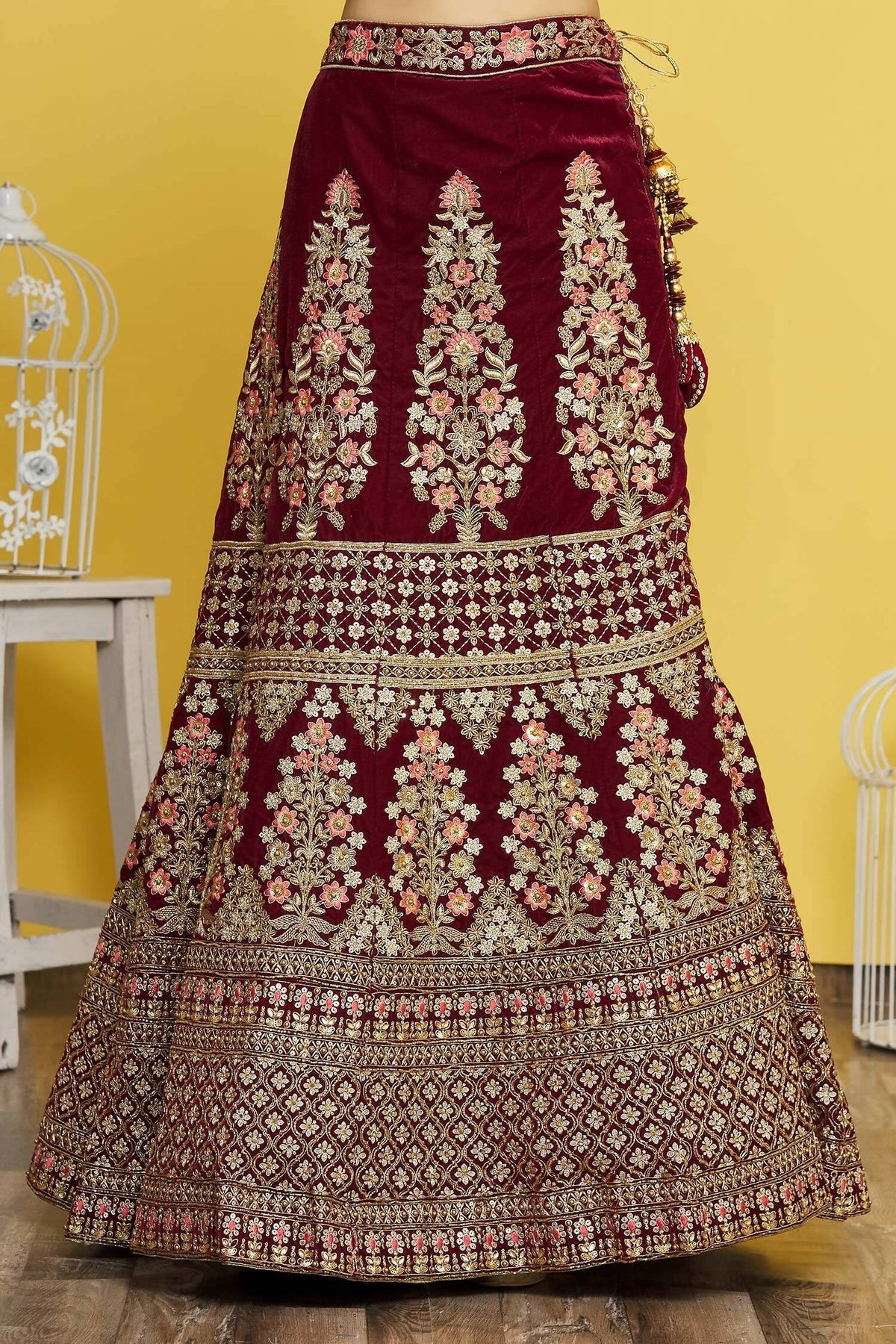 Maroon Velvet Semi-Stitched Wedding Bridal Lehenga - Nimaya | Grocsy