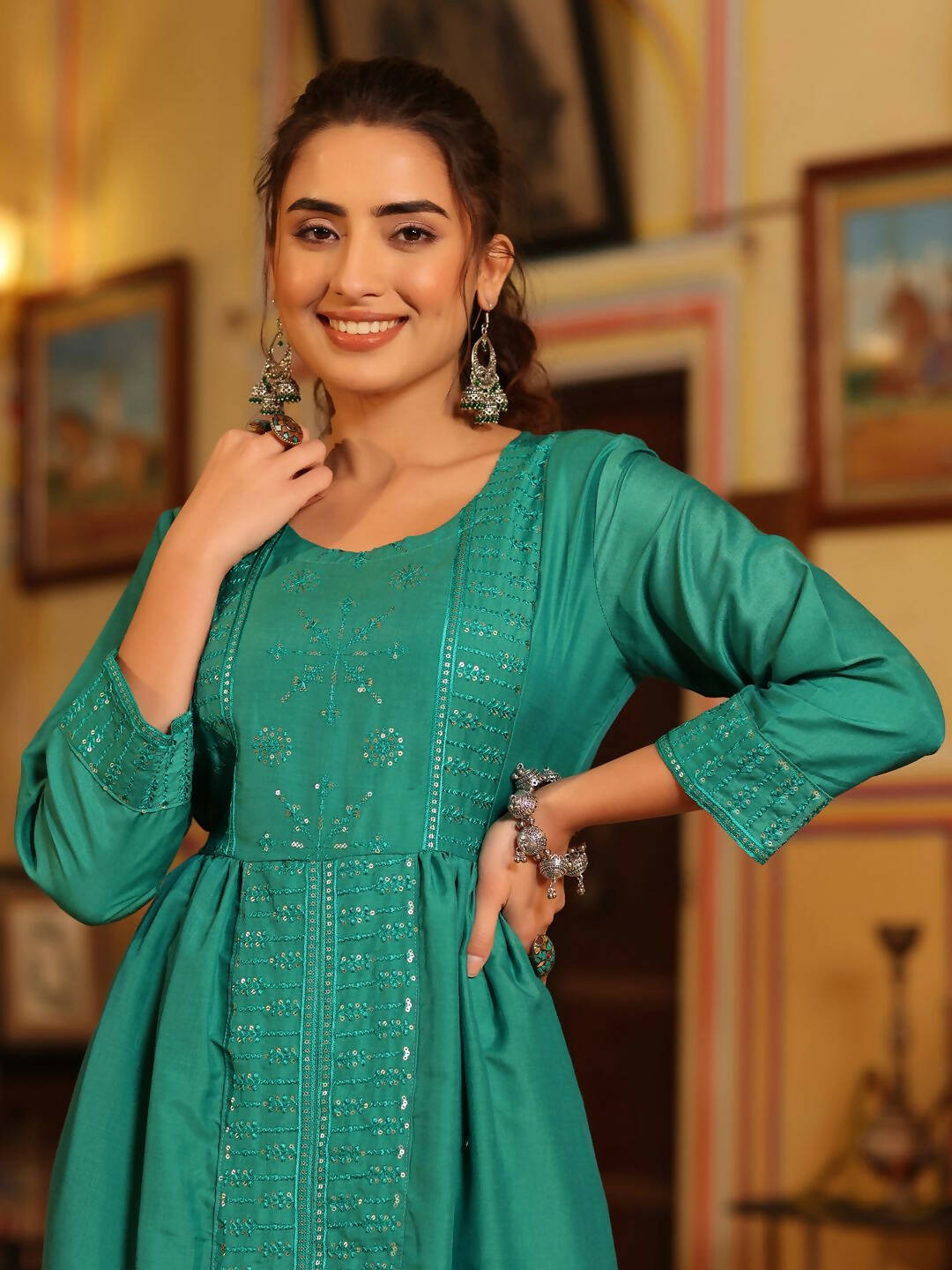 Juniper Women's Teal Festive Embroiderd Flared Dress | Grocsy