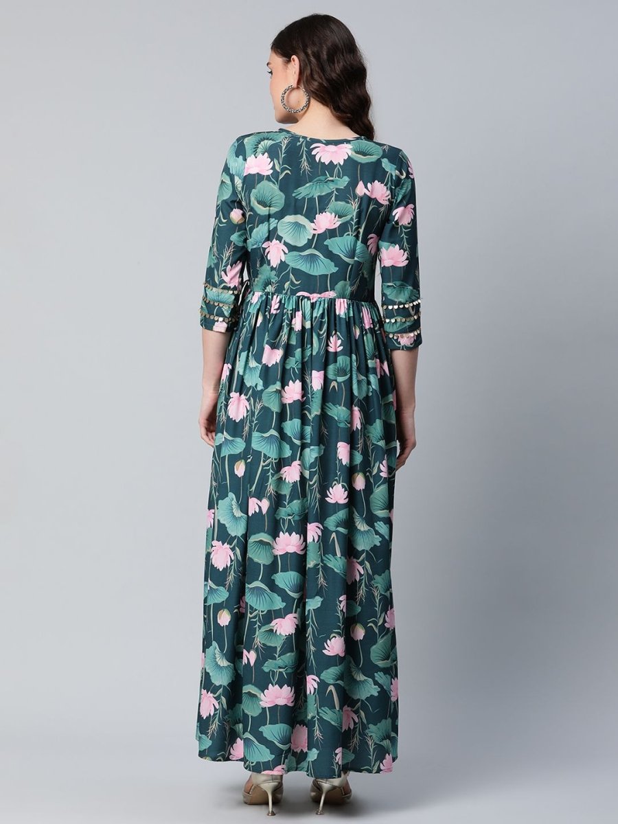 Ahalyaa Women Dark Green Crepe Digital Print Dress | Grocsy