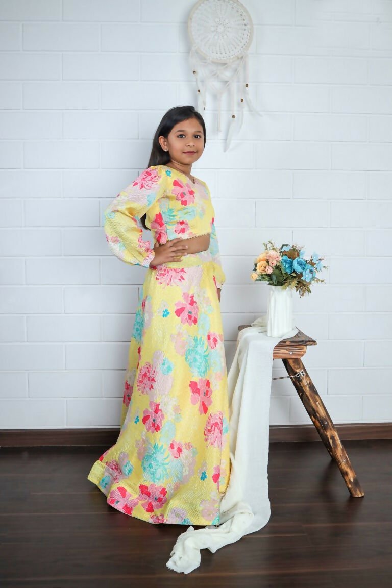 Aayaa Designer Printed Chinon Crochet Sequance Kids Lehenga Choli - Yellow | Grocsy