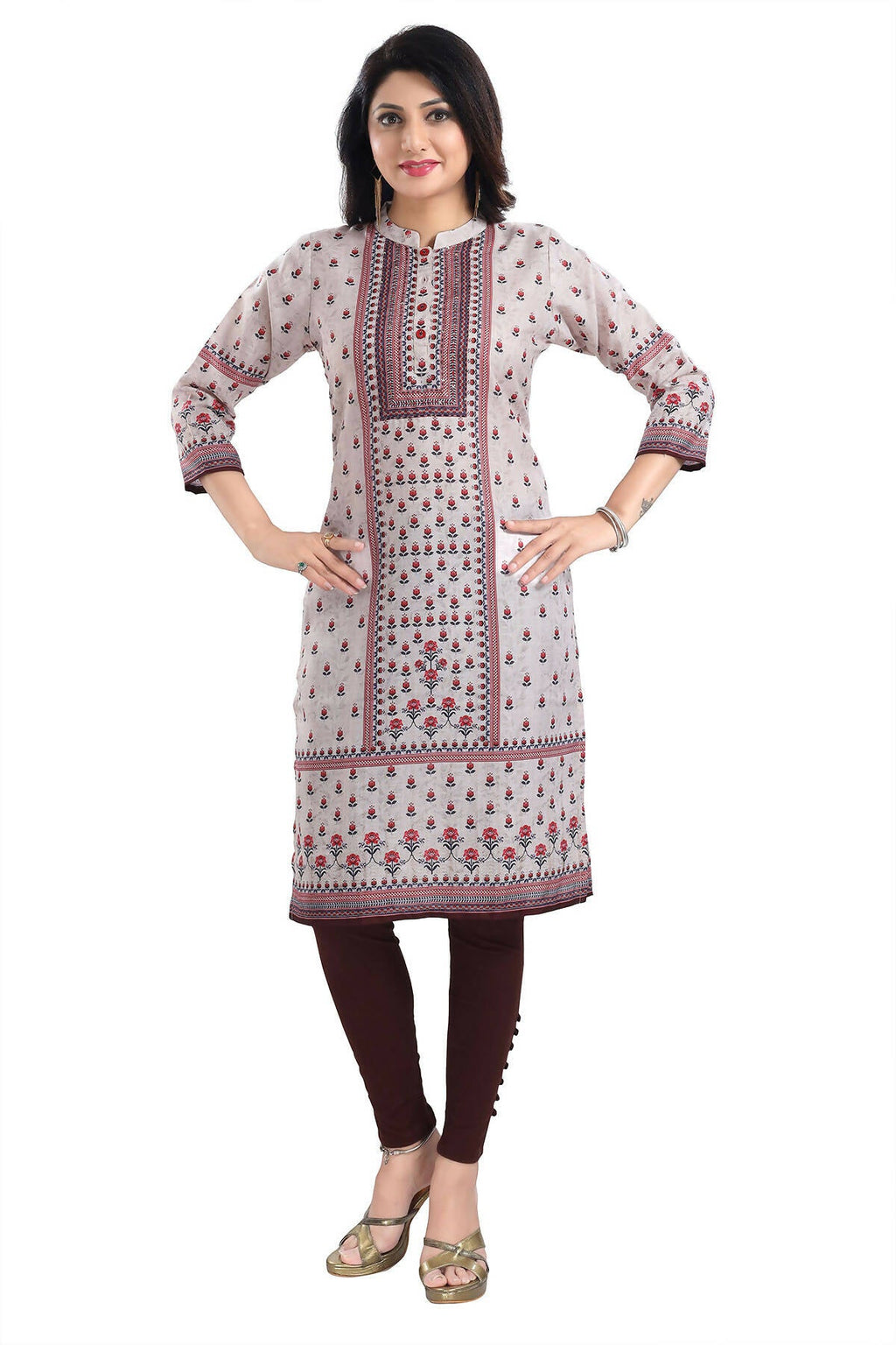 Snehal Creations Charming Cream Digital Print Cotton Slub Long Kurti Tunic | Grocsy