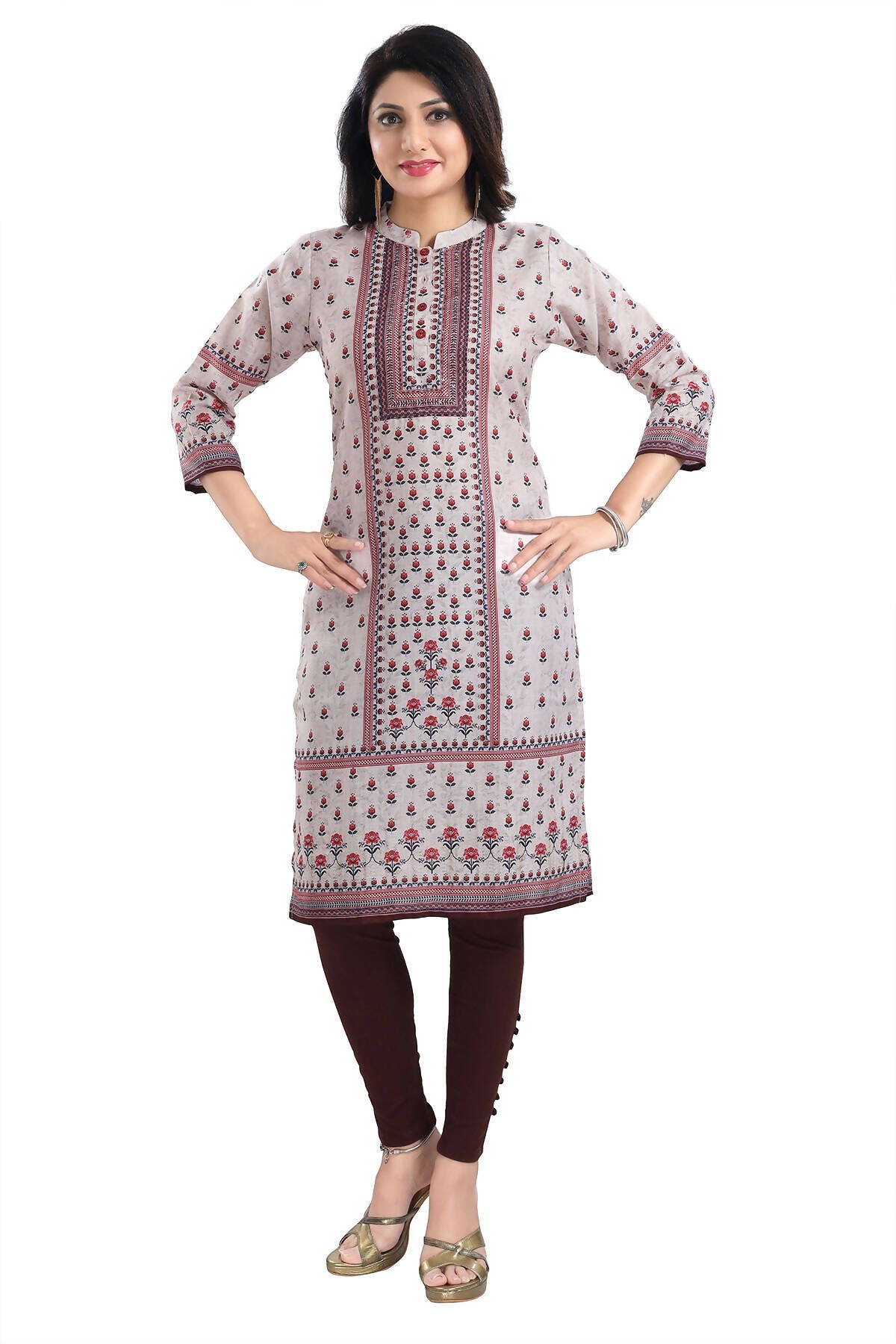 Snehal Creations Charming Cream Digital Print Cotton Slub Long Kurti Tunic | Grocsy