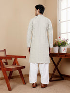 Pestel Green Linen Designer Embroidery Work Men's Rajwadi Kurta Set - Mahotsav | Grocsy