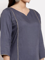 Myshka Women's Grey Cotton Solid 3/4 Sleeve V Neck Casual Kurta Palazzo Dupatta Set | Grocsy