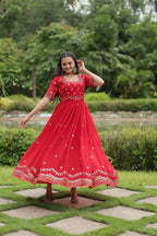 Vastranavya Premium Designer Faux Blooming with Embroidery Zari Sequins work Gown - Red | Grocsy