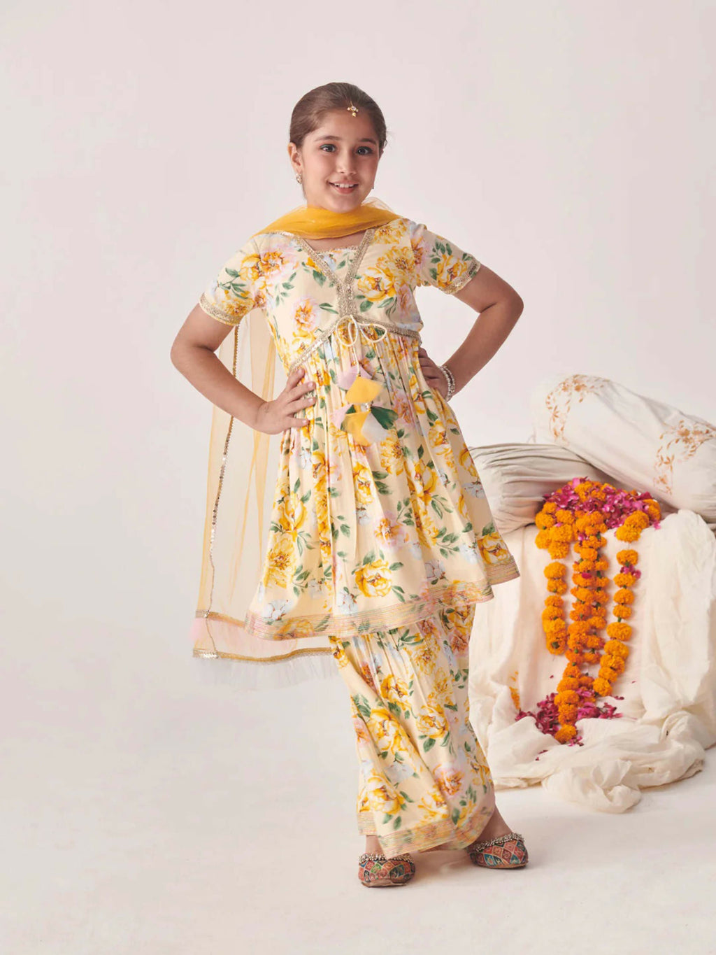 Joban Fashion Girl's White & Yellow Color Sharara Set | Grocsy