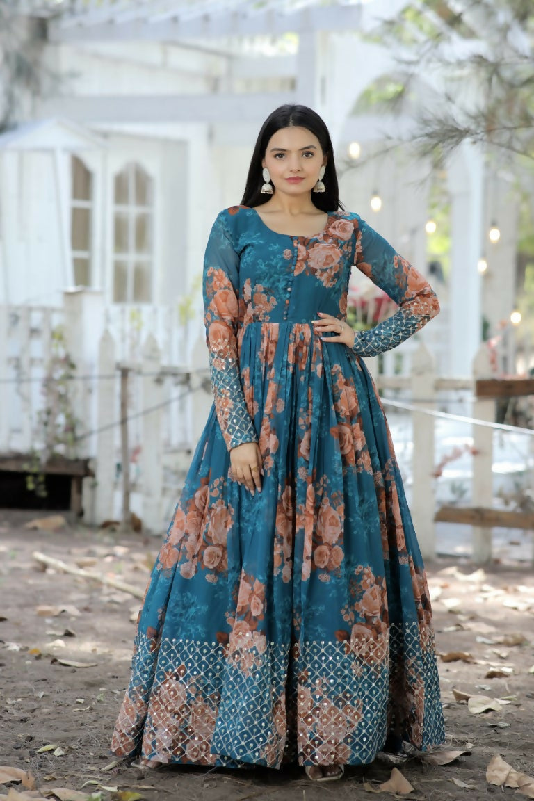 Jyoti Fashion Women's Teal Sequence Zari Embroidered Faux Georgette Anarkali Dress | Grocsy