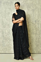 Black Silk Stripe Saree With Blouse Piece - Purvi | Grocsy