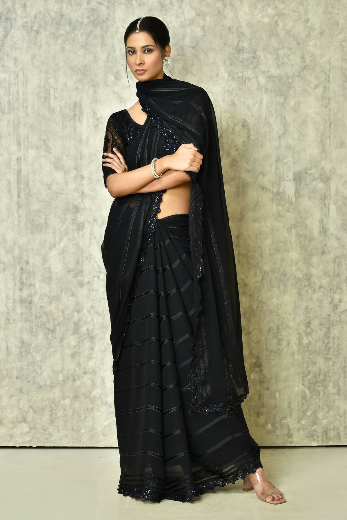 Black Silk Stripe Saree With Blouse Piece - Purvi | Grocsy