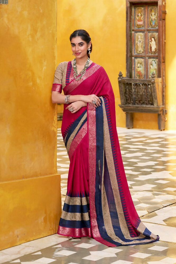 PR Fashion Pink Poly Cotton Printed With Zari Weaving Work Saree | Grocsy