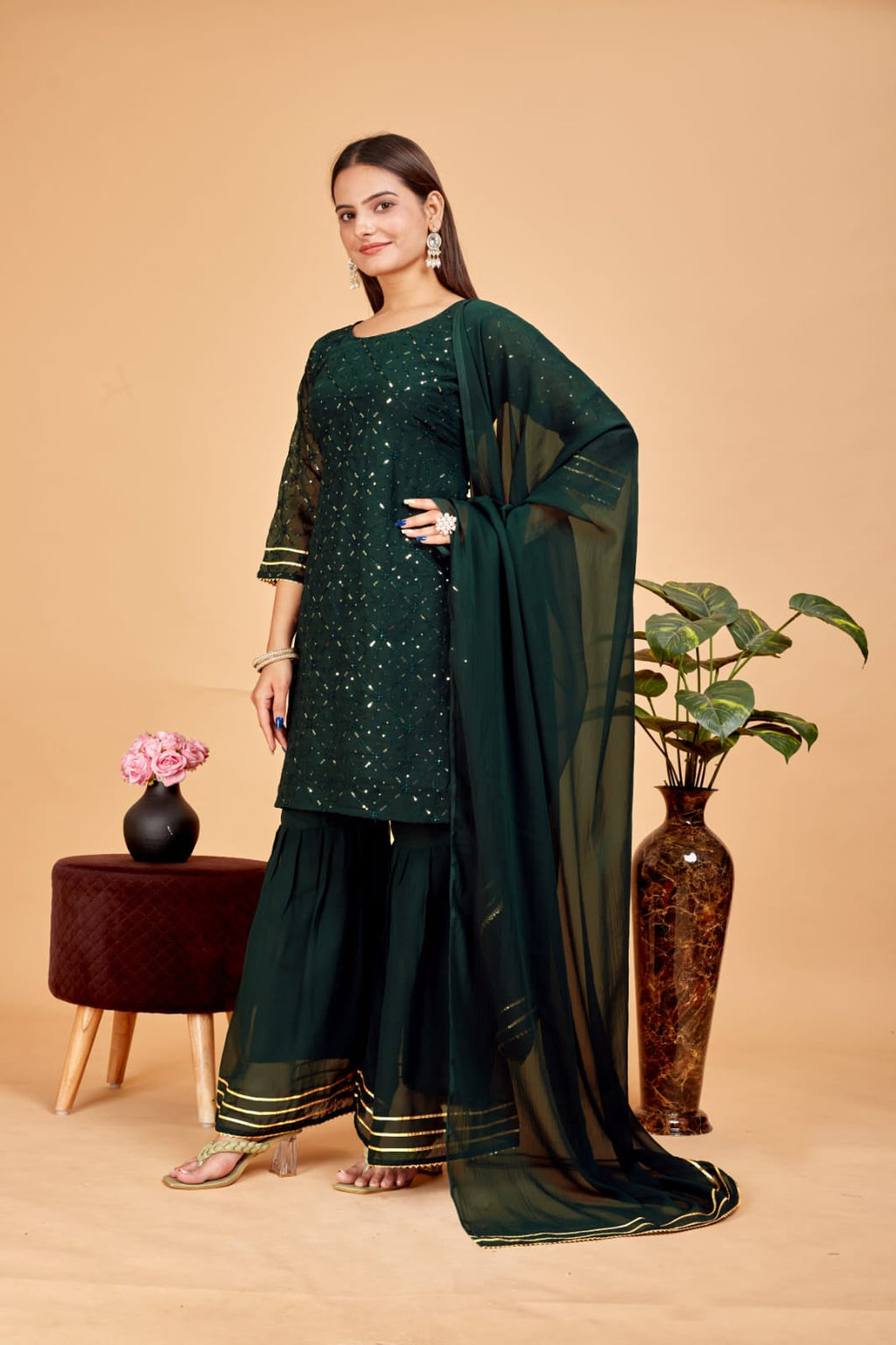 Women's A-Line Green Kurta and Sharara With Dupatta Set - A2M | Grocsy