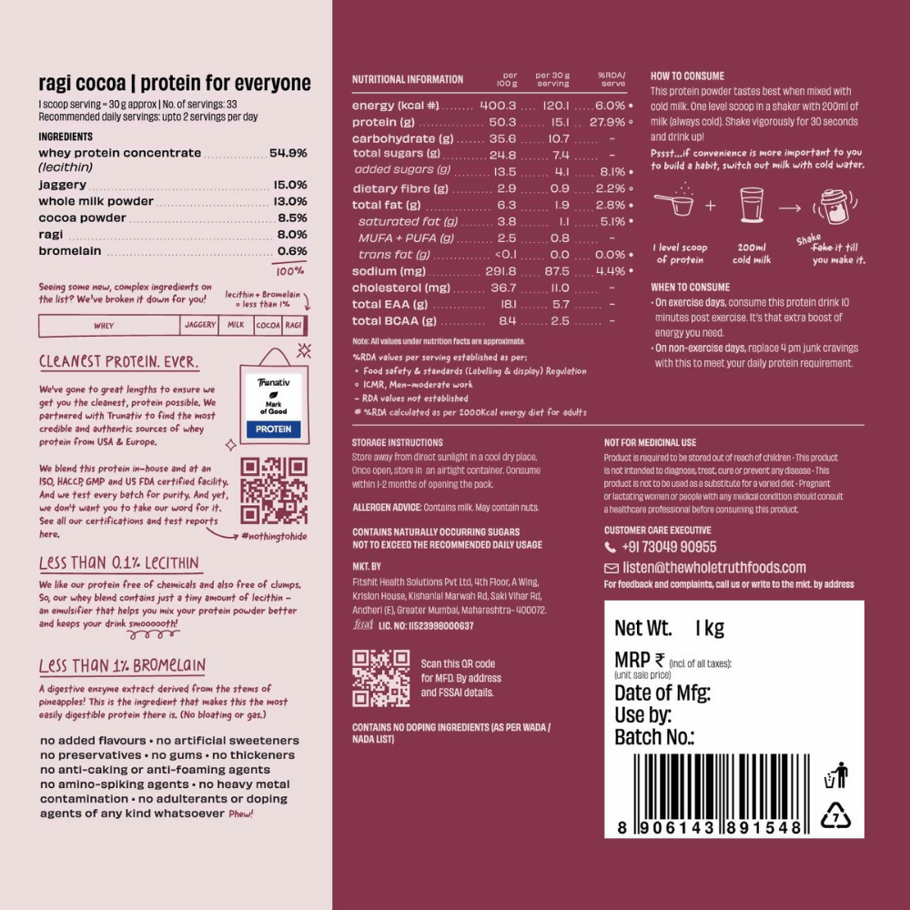 The Whole Truth 15g Protein/Scoop - Ragi Cocoa | Grocsy