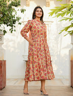 Kaajh Women's Yellow-Red Floral Hand Block Print Cotton Dress | Grocsy