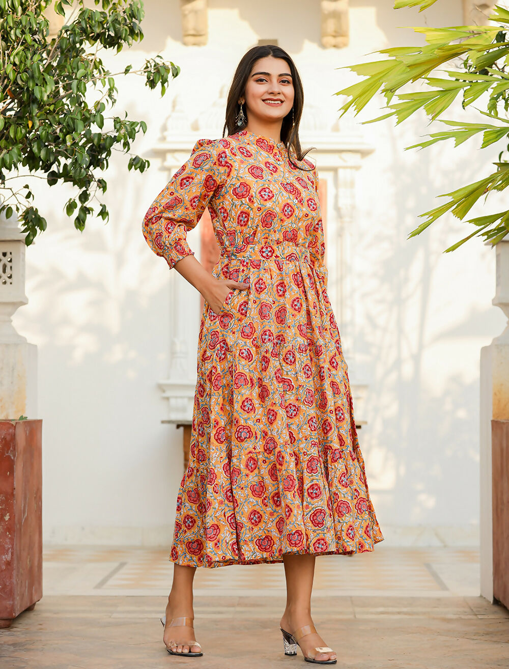 Kaajh Women's Yellow-Red Floral Hand Block Print Cotton Dress | Grocsy