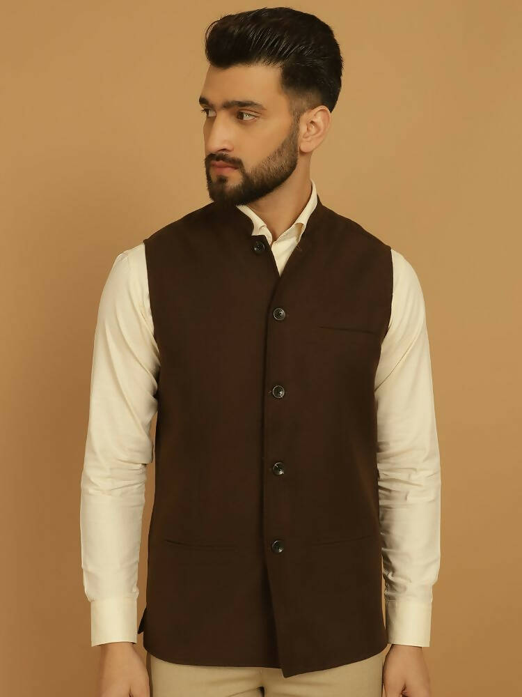 Even Apparels Pure Wool Nehru Jacket - Brown | Grocsy