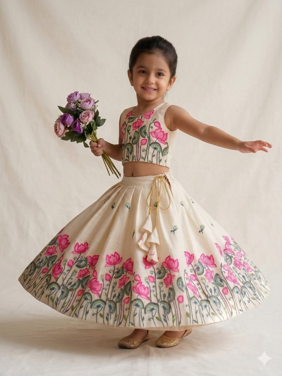 Teeya Creation New Latest Trendy Girls Off-White Lotus Floral Printed Silk Lehenga Choli Set With Tassels-White | Grocsy