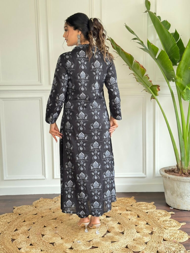 Black Pure Cotton Printed Anarkali Suit with Dupatta - Rashmika | Grocsy