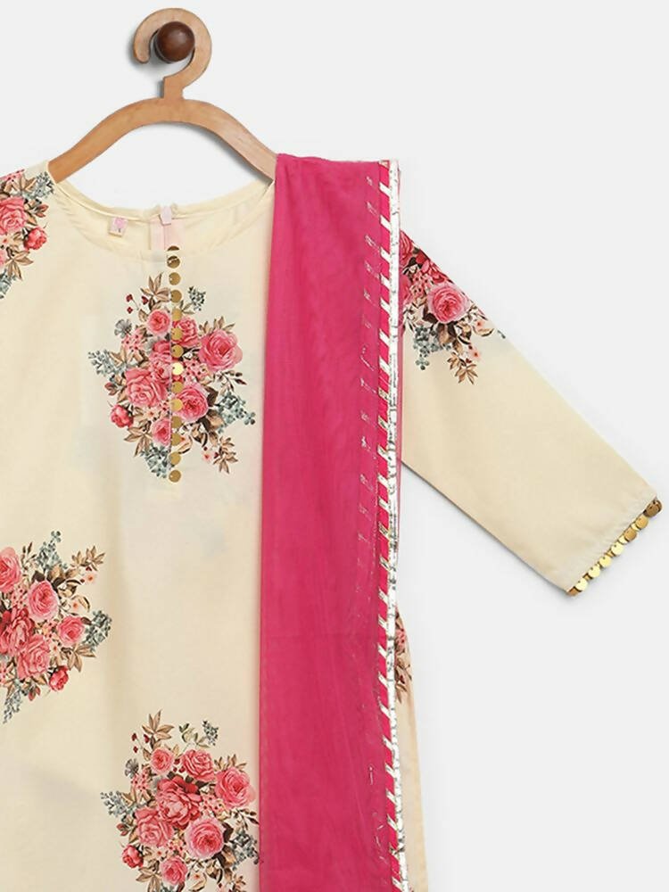 Ahalyaa Beige Crepe Floral Printed Kids Kurta Palazzo Set With Dupatta For Girls | Grocsy