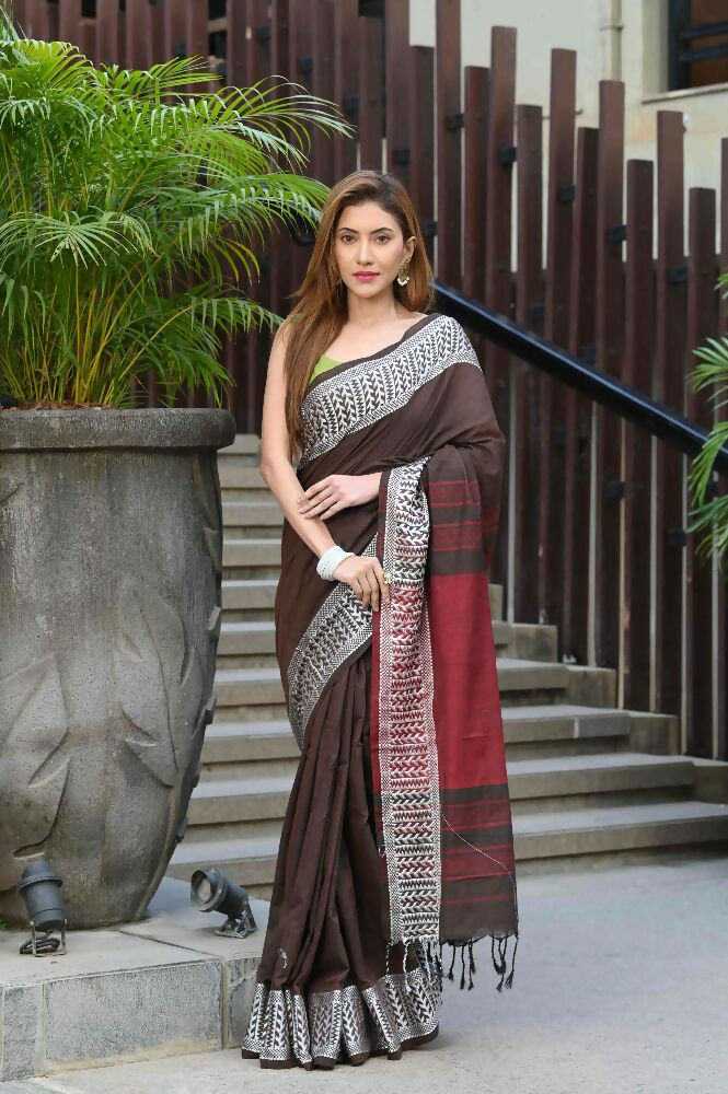 Beatitude Brown Cotton Jacquard Border Tangail Handloom Saree | Grocsy
