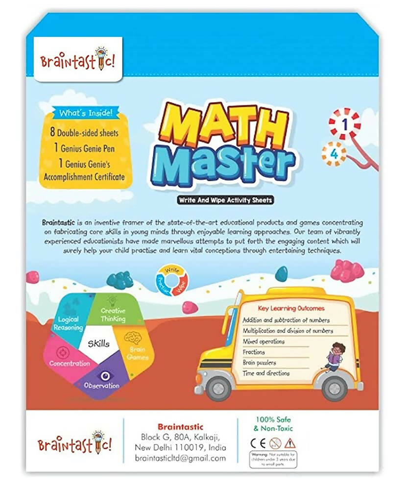 Braintastic Educational Game: Math Master (6-99 Years) Write & Wipe Reusable Activity Sheets with Free Puzzle for Kids | Grocsy