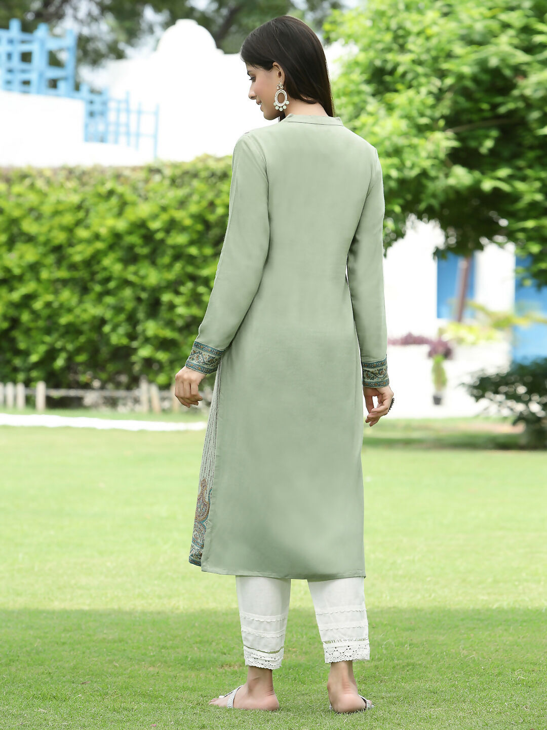 Juniper Green Ethnic Motif Printed Acrylic Straight Kurta. | Grocsy